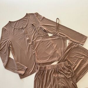 NWOT Mocha Brown Three Piece Pajama Set SIZE Small - Cozy Minimalist Luxury